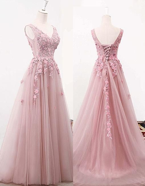 Pink V Neck Lace Tulle Long Prom Dress, Pink Evening Dress    cg12050