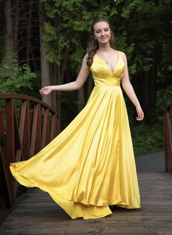 Yellow v neck satin prom dress evening dress   cg12064