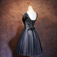 Black V-Neckline Tulle With Lace Applique Party Dress, Black Homecoming Dress   cg12066