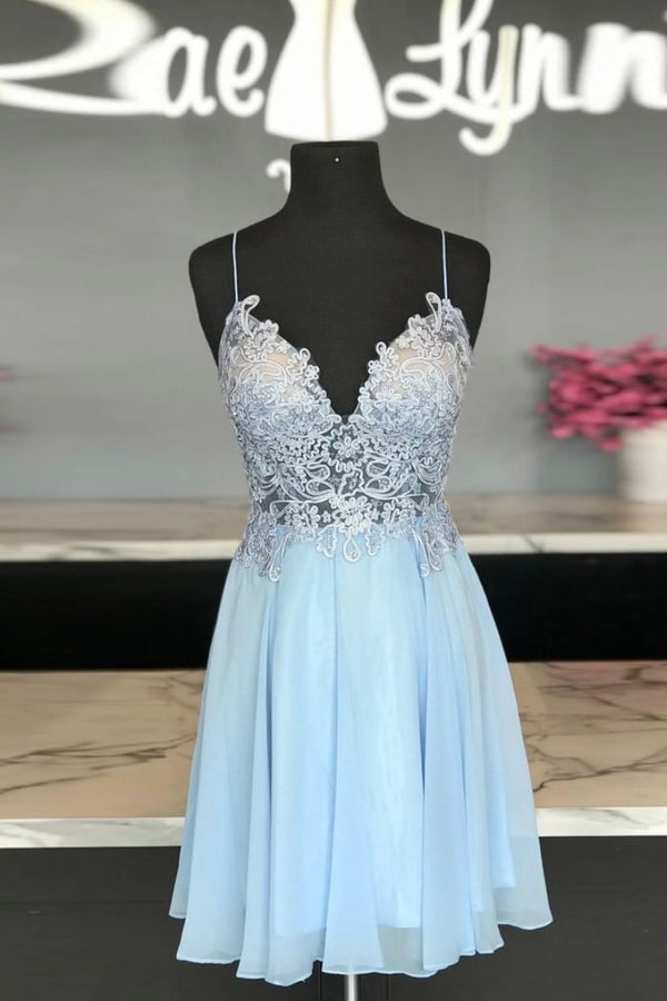 Chiffon and Lace Short Dress with Open Back Royal Blue