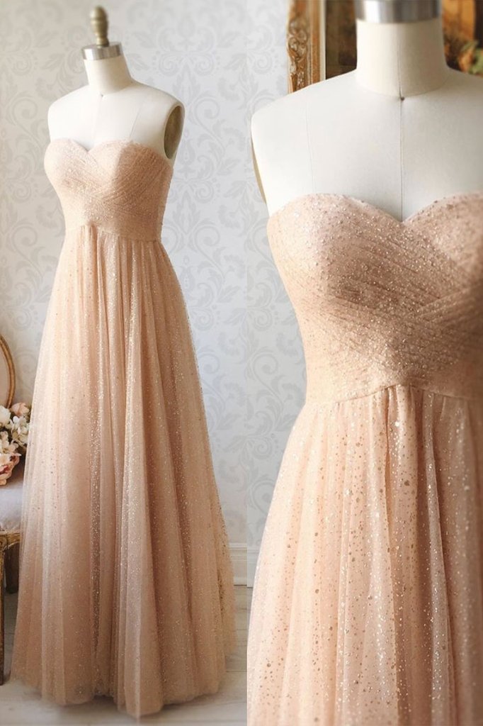 CHAMPAGNE SWEETHEART TULLE SEQUIN BEADS LONG PROM DRESS   cg12074