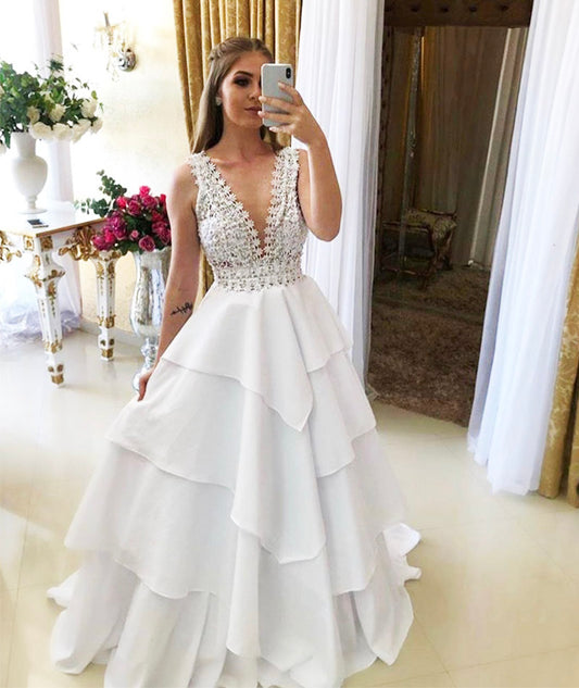 WHITE V NECK LONG PROM GOWN DRESS FORMAL DRESS   cg12075