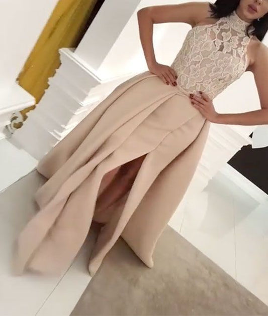 Champagne Lace Long Prom Dress, Champagne Lace Evening Dress For Teens    cg12083