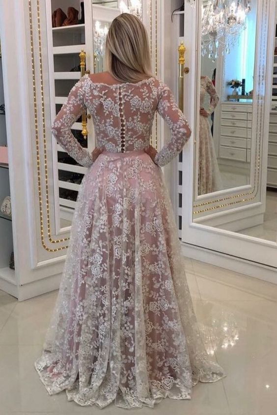 A Line Floor Length Off Shoulder Long Sleeve Lace Prom Dress,Party Dress   cg12085