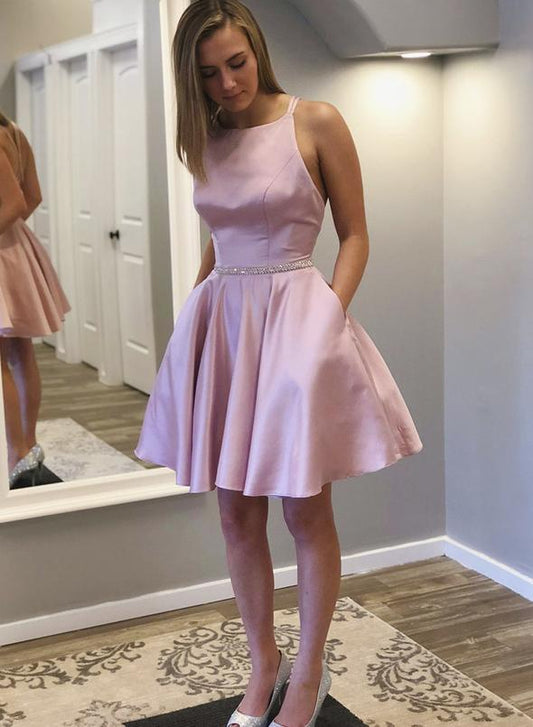 Pink satin short dress homecoming dress   cg12086