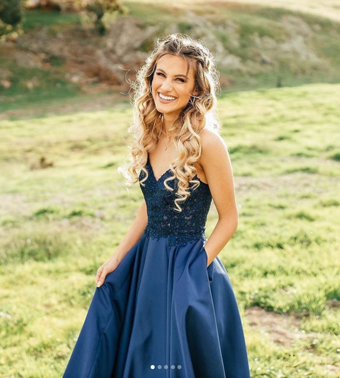 Navy Prom Dress,ALine Prom Gown,Satin Evening Dress,Appliques Prom Go