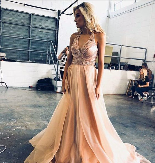 A-line Halter Peach Long Prom Dress   cg12094