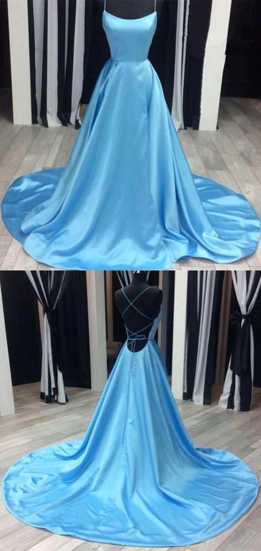 Blue Satin Open Back Prom Dresses Leg Slit Evening Gowns   cg12095