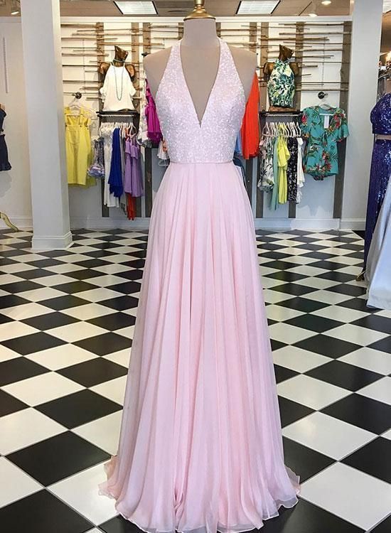 Pink v neck sequins chiffon long prom dress, pink evening dress  cg12100