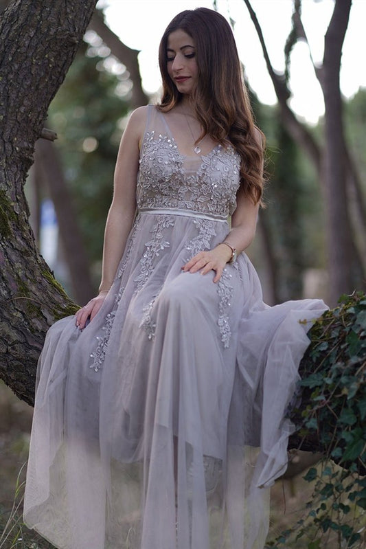 Charming Light Gray Lace V Neck Long Prom Dress, Light Gray Lace Formal Graduation Evening Dress   cg12105