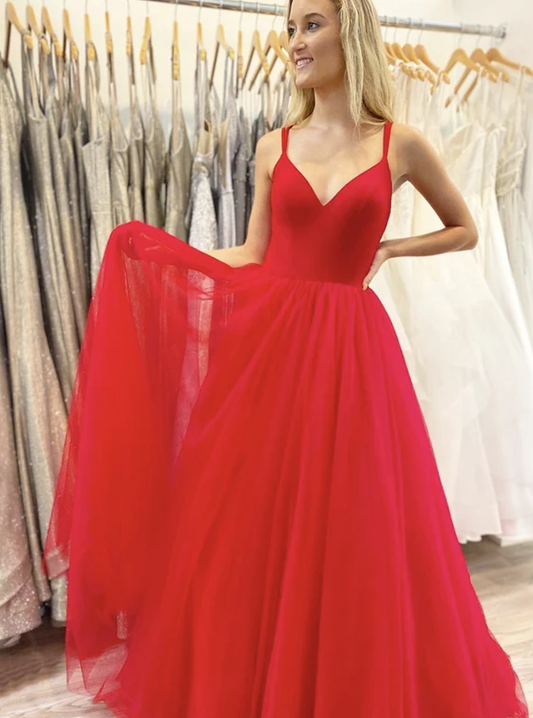 Red v neck tulle long prom dress simple evening dress   cg12114