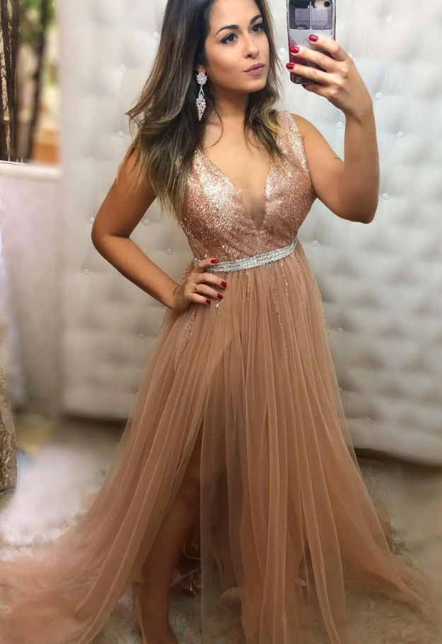 Champagne v neck tulle sequin long prom dress champagne evening dress   cg12115