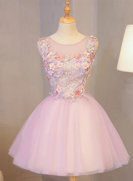 Cute Pink Round Neckline Tulle Party Dress with Flowers, Lovely Formal Dress homecoming Dress    cg12118