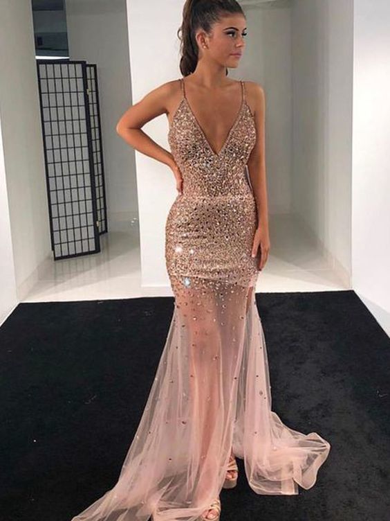 Sparkly Mermaid V Neck Spaghetti Straps Open Back Blush Tulle Long Prom Dresses with Beading,Formal party Dresses  cg12120