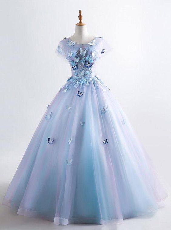 Princess Blue Quinceanera Dress 3D Butterfly Floral Applique Prom Ball Gown   cg12139