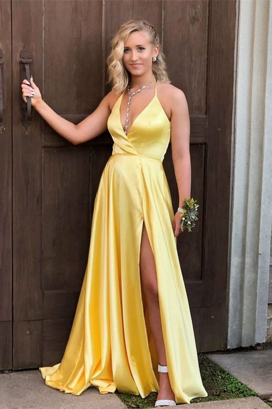 Sexy Halter Yellow Long Prom Dress   cg12140
