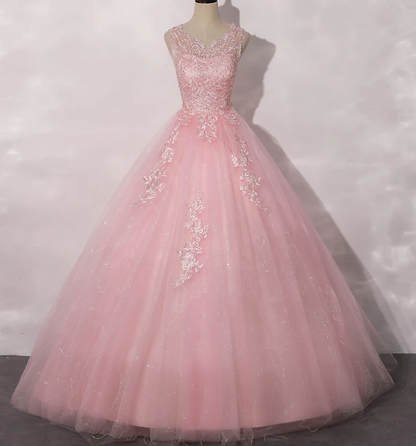 Lovely Pink Tulle Round Neckline Sweet 16 Dress, Pink Quinceanera prom Dress     cg12148