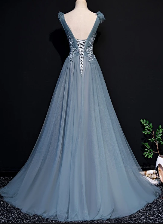 Beautiful Blue Tulle Long Party Dress, A-Line Prom Dress With Lace Applique   cg12150