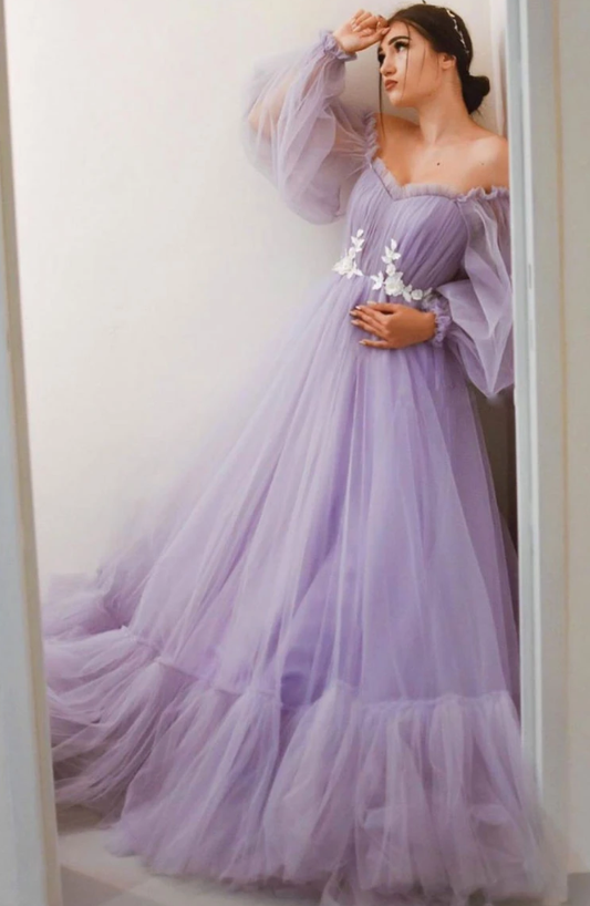 PURPLE TULLE LONG PROM DRESS PURPLE TULLE FORMAL DRESS   cg12153