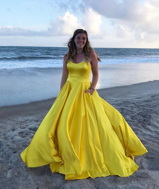 YELLOW SATIN LONG PROM DRESS YELLOW EVENING DRES   cg12154