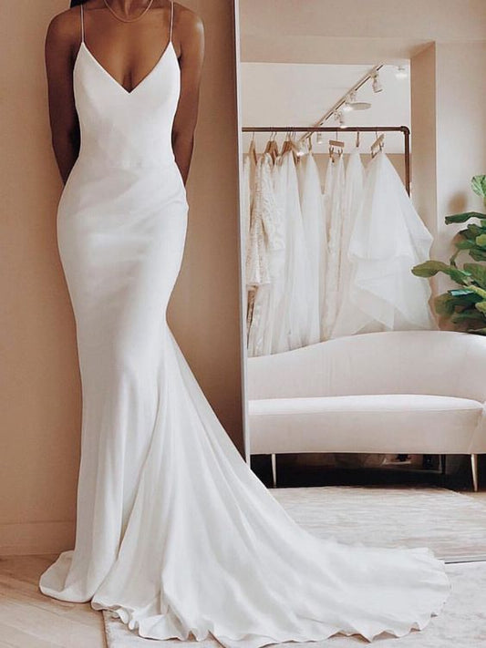 Long Ivory Satin Spaghetti Strap V-Neck Mermaid Formal Dress With Sweep Train  Prom Dress,   cg12164