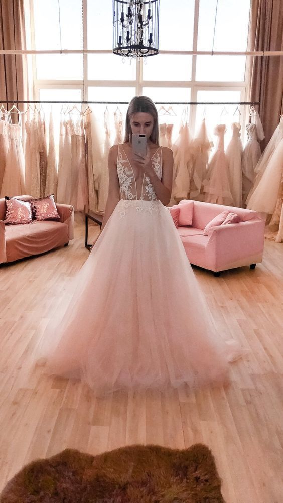 Unique Light Blush A Line Wedding prom Dress With deep V-neck Sparkly Lace Bodice   cg12171