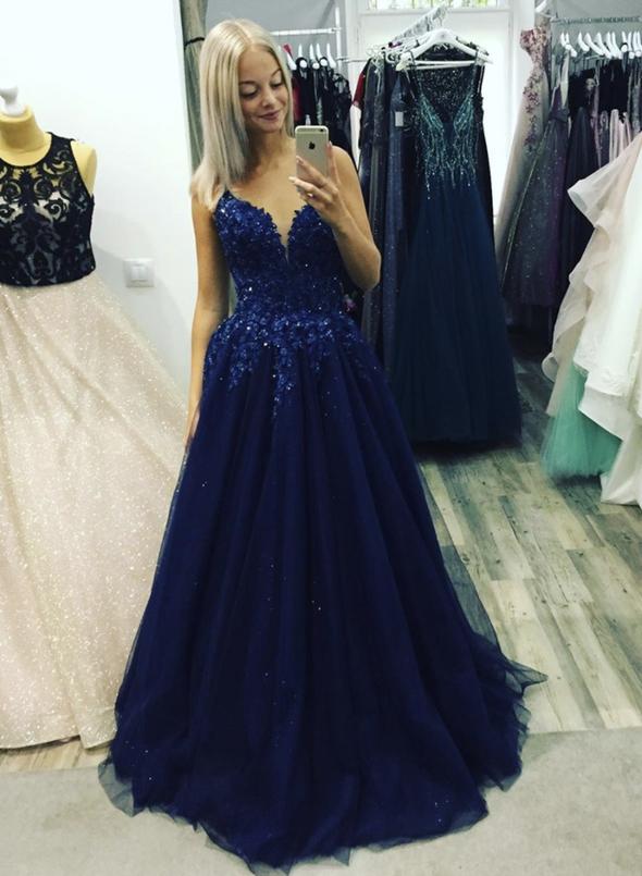 Blue v neck tulle lace long prom dress evening dress   cg12177
