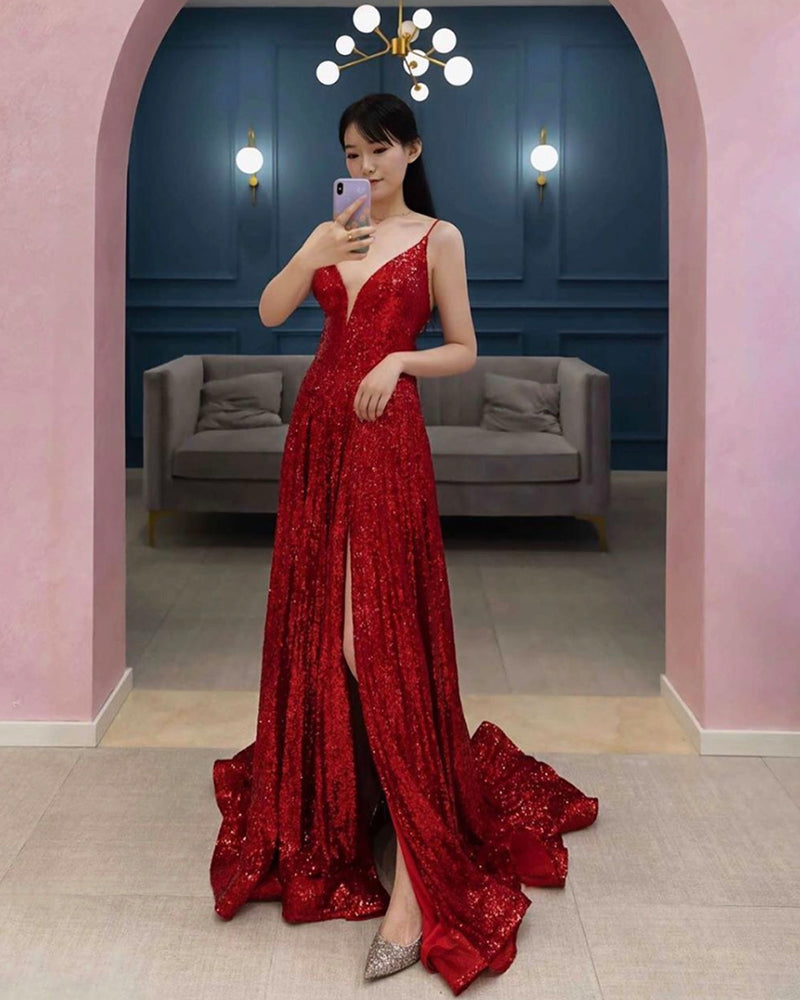 BURGUNDY SEQUINS LONG PROM DRESS EVENING DRESS   cg12180