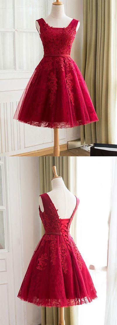 Burgundy Homecoming Dress,Straps A-line Lace Appliques Graduation Dresses    cg12181