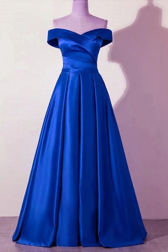 Off the Shoulder Blue Satin Long Prom Dresses   cg12186