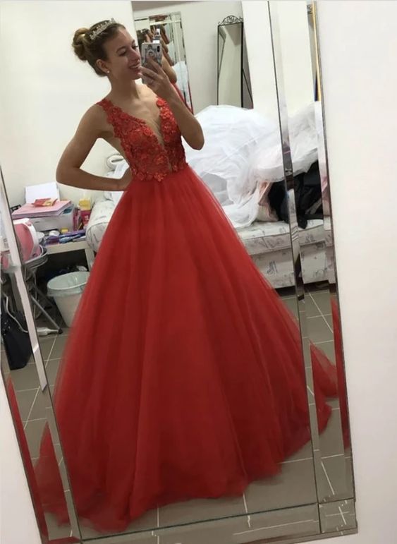 Red v neck tulle lace prom dress evening dress    cg12197