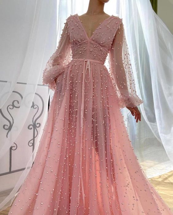 V-neck pink prom gown with pearls for wedding or special occasions    cg12199