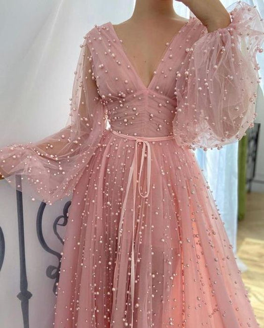 V-neck pink prom gown with pearls for wedding or special occasions    cg12199