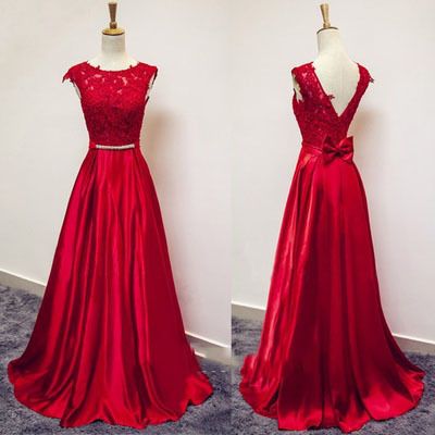 Red Lace and Satin V Back Long Prom Dresses, Red Formal Gowns   cg12200