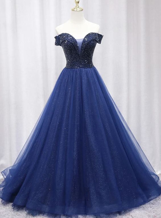 Blue tulle beaded long prom gown formal dress   cg12203