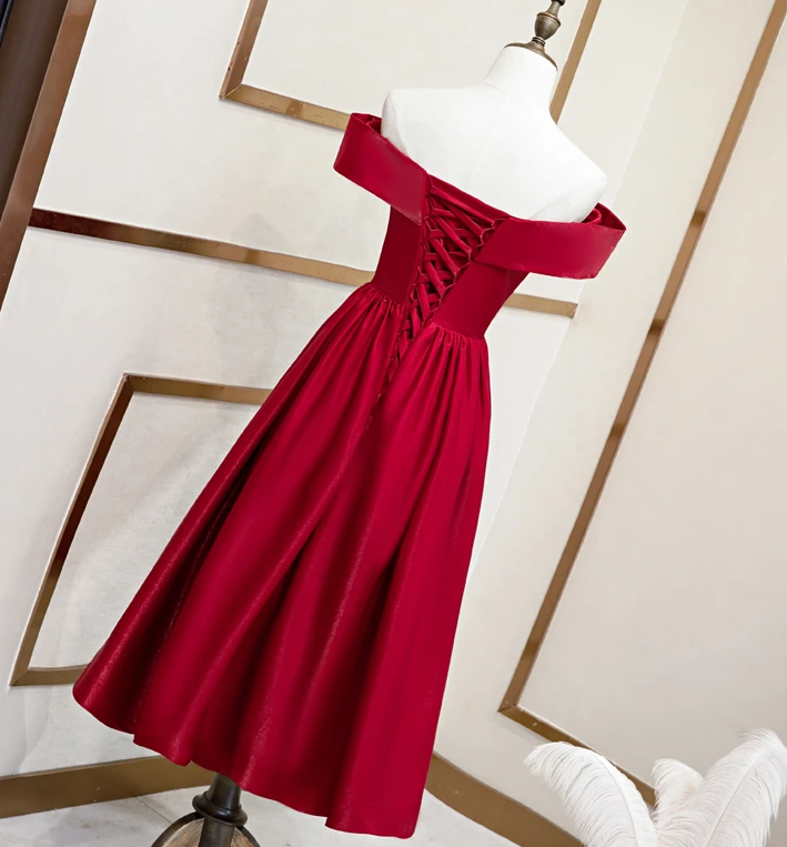 Beautiful Wine Red Tea Length Satin Bridesmaid Dress, Cute Short Prom Dress   cg12205