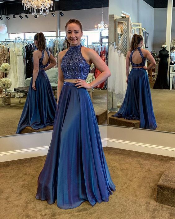 Navy Blue Prom Dress,Two Piece Prom Dresses,Ball Gown Prom Dress cg122