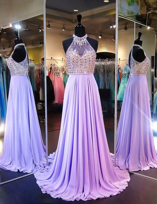 A Line Cowl Neck Sleeveless Long Pleated Beaded Lilac Prom Dress Lavender Open Back Prom Dresses   cg12215