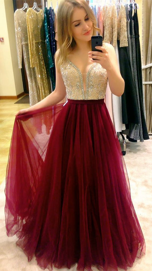 Gorgeous Wine Red Long Prom Dress with Sequins Top    cg12239