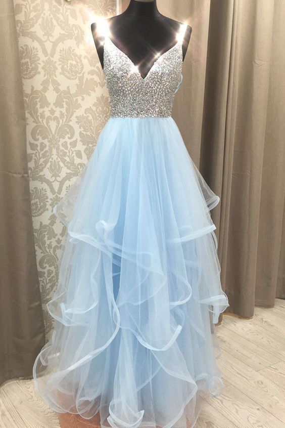 Gorgeous V-Neck Light Blue Beaded Long Prom Dress with Ruffles   cg12246
