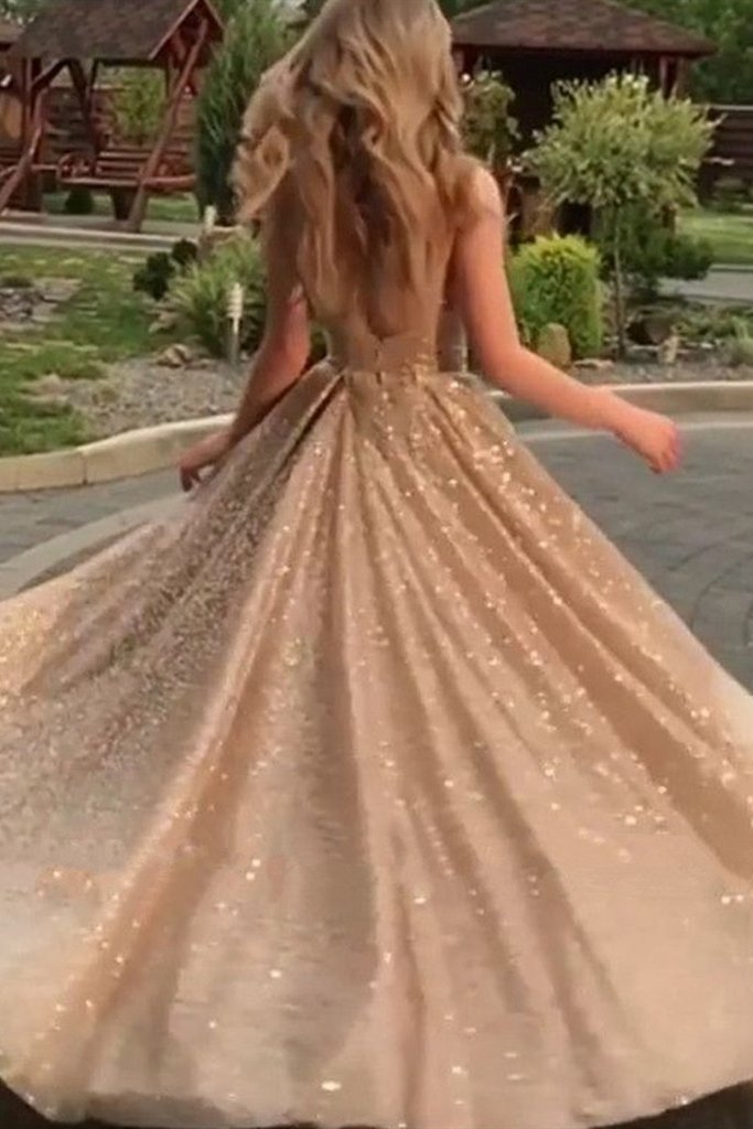 Shiny Champagne Gold Sequins Sleeveless Long Prom Dress, Sparkly Long Formal Evening Dress   cg12251