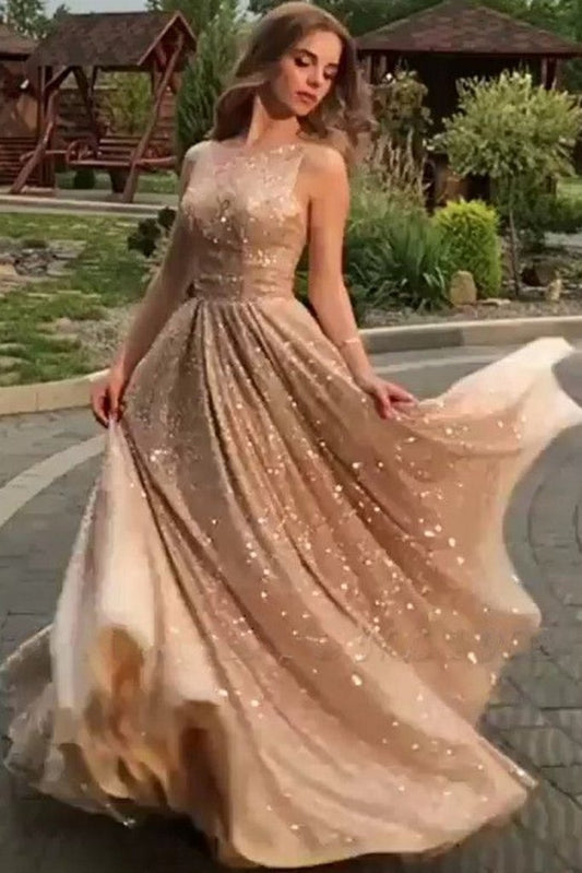 Shiny Champagne Gold Sequins Sleeveless Long Prom Dress, Sparkly Long Formal Evening Dress   cg12251