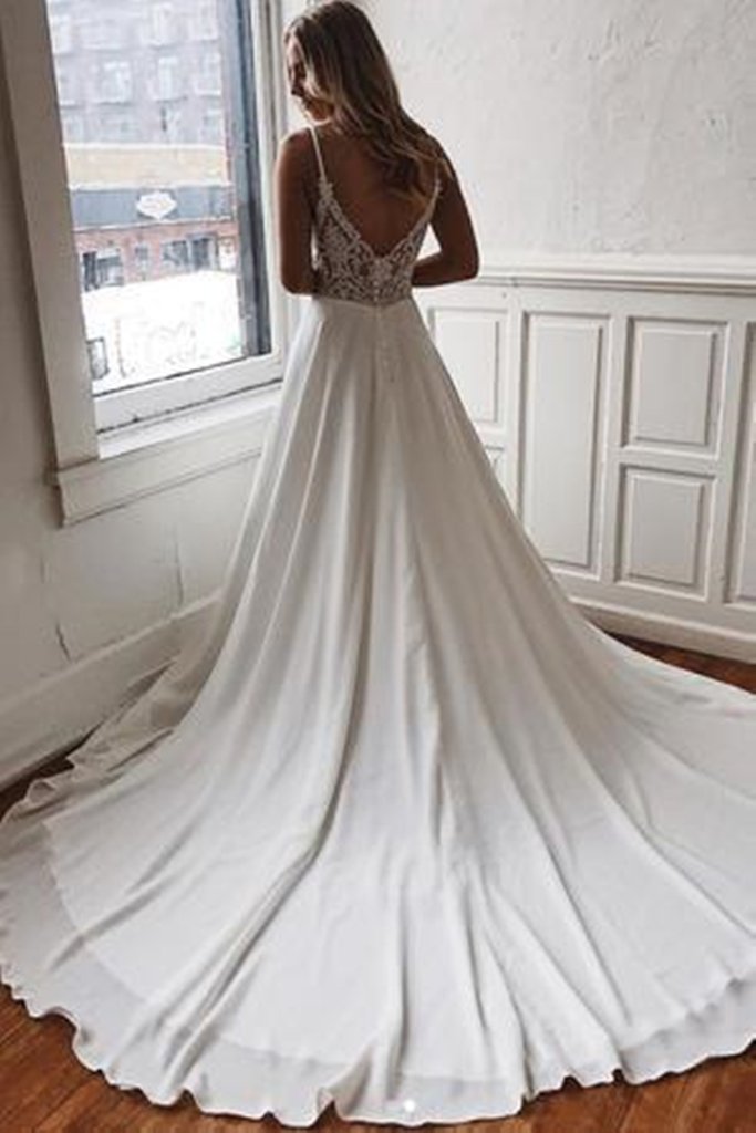 Elegant V Neck White Satin Long Wedding Dress with Lace Back, V Neck White Prom Formal Evening Dress   cg12252