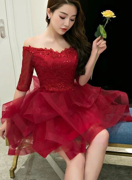 Charming Wine Red Short Sleeves Tulle Layer Party Dress, Homecoming Dress   cg12260