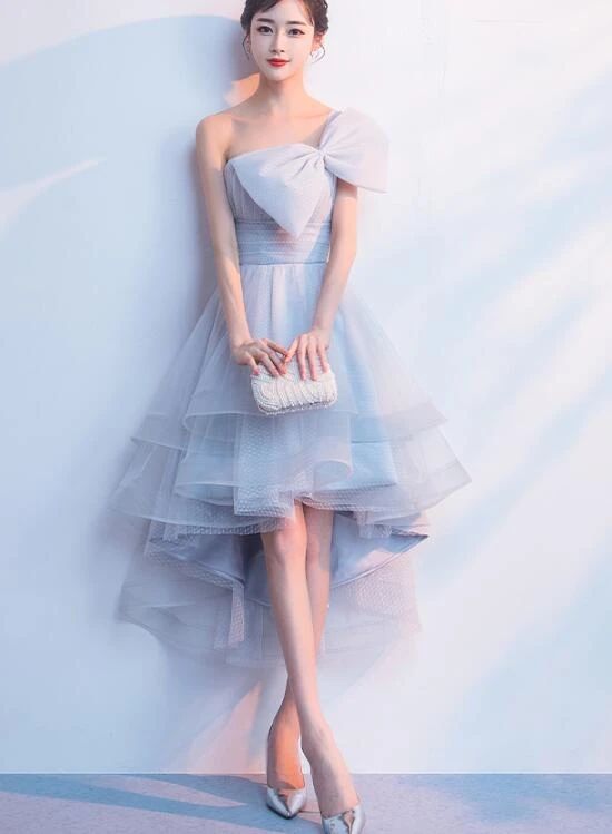 Grey Tulle One Shoulder High Low Party Dress, Grey Homecoming Dress with Bow   cg12262