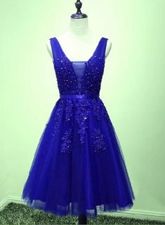 Lovely Blue V-Neckline Lace Applique Homecoming Dress   cg12263