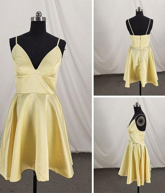 Cute Satin Straps Knee Length Party Dress, Light Yellow Homecoming Dress    cg12264