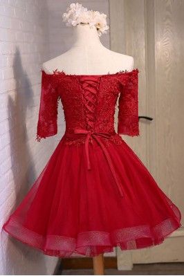 Off Shoulder Short Sleeve Red Lace Cute Homecoming Dress    cg12265