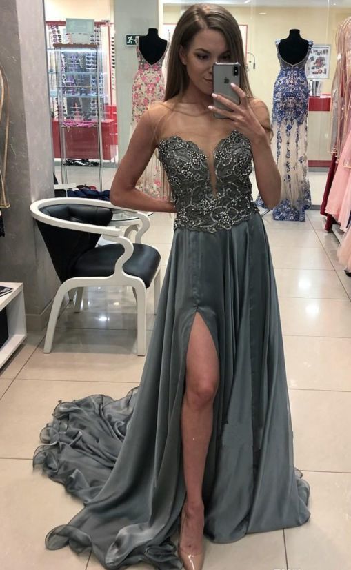 Chic Sheer Neck Gray Prom Dresses Sleeveless Beaded Chiffon Sweep Train Split Evening Dress Party Gowns   cg12272