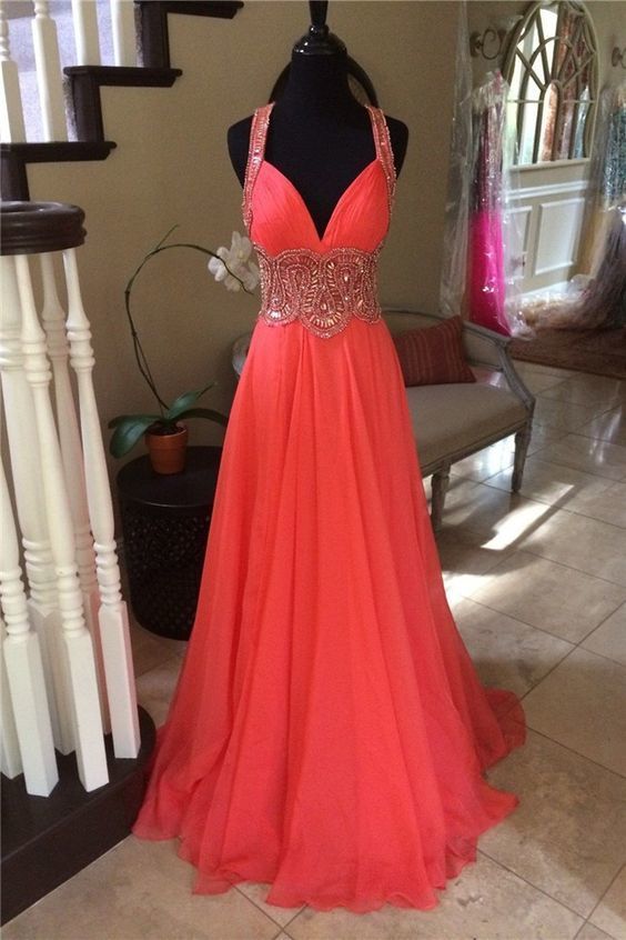 Stunning Sweetheart Long Coral Chiffon Beaded Prom Dress With Straps    cg12280